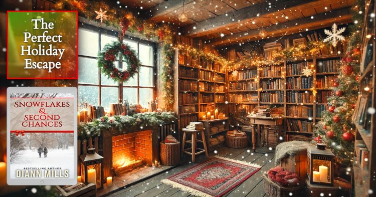 cozy bookstore decorated for Christmas showcasing SNOWFLAKES & SECOND CHANCES - a heartwarming contemporary Christmas novelette by DiAnn Mills. The Perfect Holiday Escape